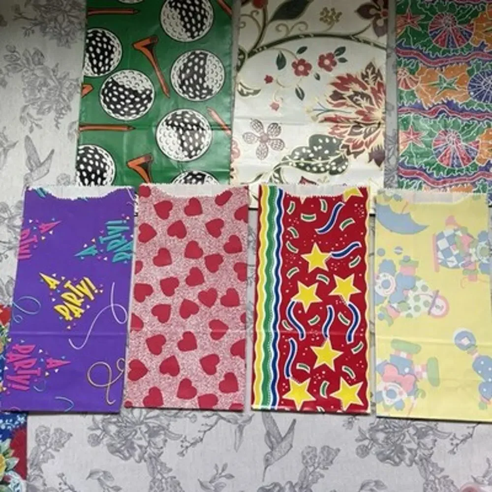 Vtg 80s GIFT WRAP Bags Wrapping Paper Ribbon Golf Birthday Cats Baby Christmas